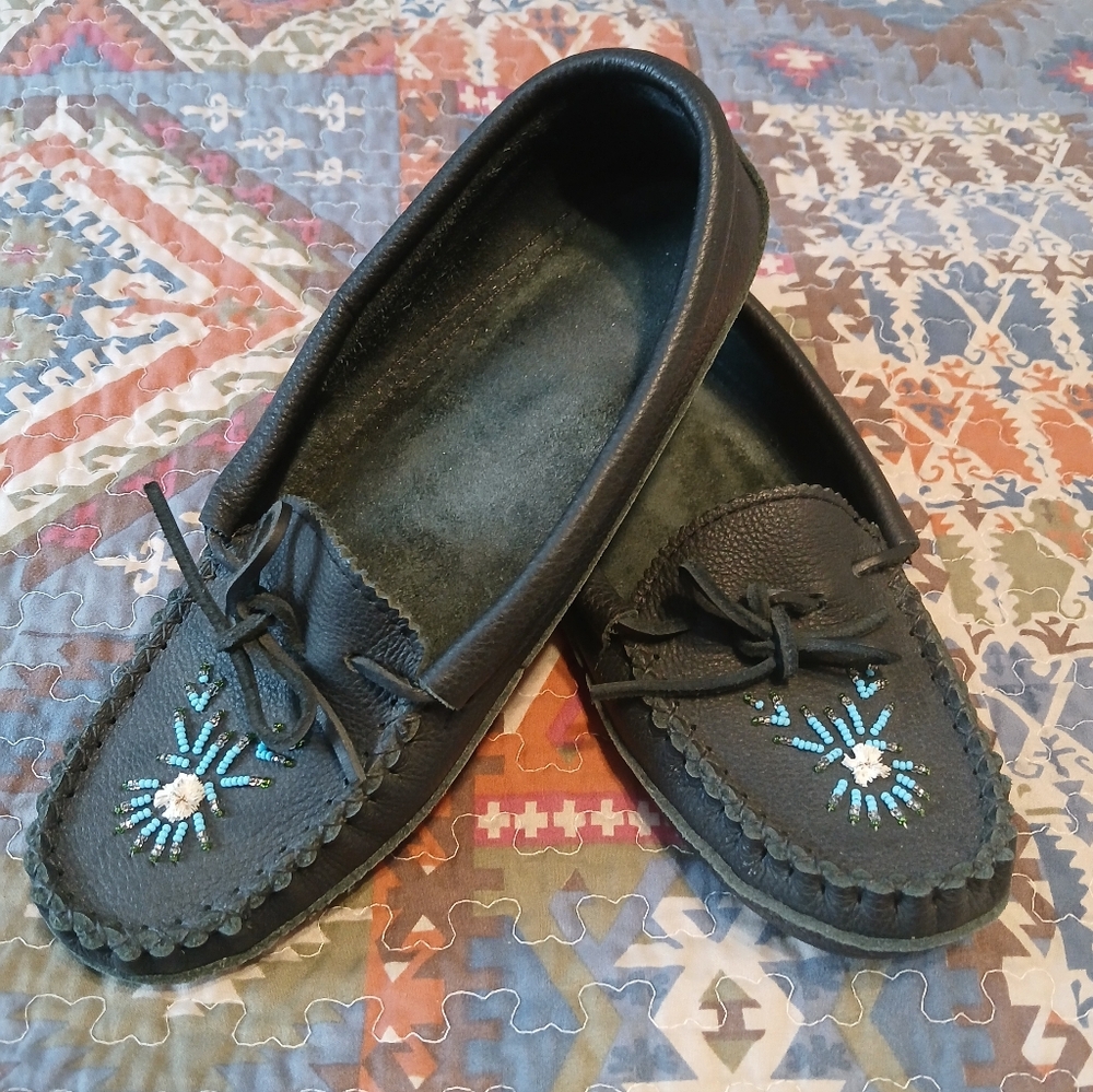 Vintage Beaded Moccasins Hide Leather Size 10 Black Handcrafted Slippers